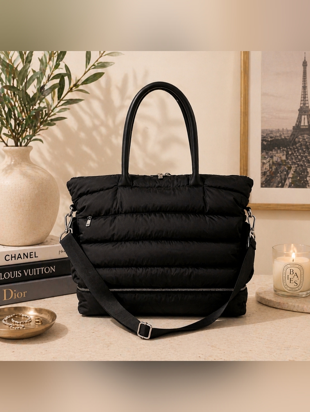 Black Quilted Tote Bag with Top Handles